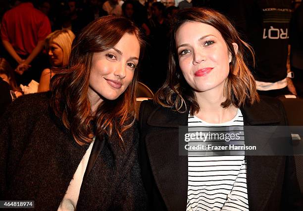 Actress Mandy Moore and actress Minka Kelly in attendance during the UFC 184 event at Staples Center on February 28, 2015 in Los Angeles, California.