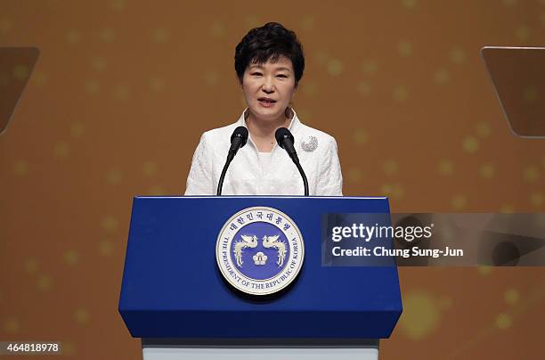 South Korean President Park Geun-Hye speaks during the 96th Independence Movement Day ceremony at Sejong Art Center on March 1, 2015 in Seoul, South...