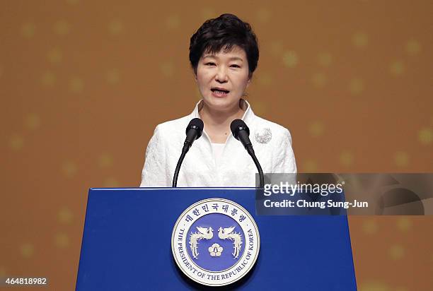 South Korean President Park Geun-Hye speaks during the 96th Independence Movement Day ceremony at Sejong Art Center on March 1, 2015 in Seoul, South...