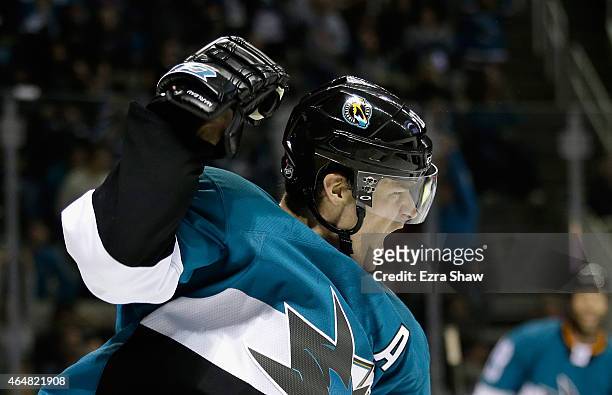 Patrick Marleau of the San Jose Sharks celebrates after he scored a goal in the second period of their game against the Ottawa Senators at SAP Center...