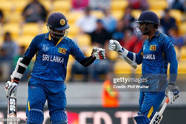 Lahiru Thirimanne and Kumar Sangakkara of Sri Lanka during the 2015 ICC Cricket World Cup match between England and Sri Lanka at Wellington Regional...
