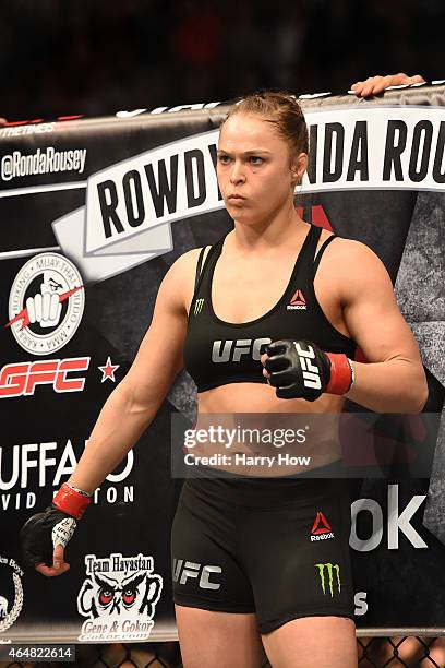 Ronda Rousey enters the Octagon in her UFC women's bantamweight championship bout against Cat Zingano during the UFC 184 event at Staples Center on...