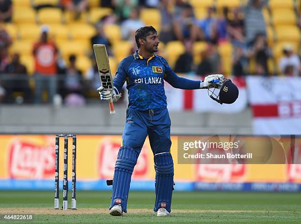 Kumar Sangakkara of Sri Lanka celebrates after reaching his century during the 2015 ICC Cricket World Cup match between England and Sri Lanka at...