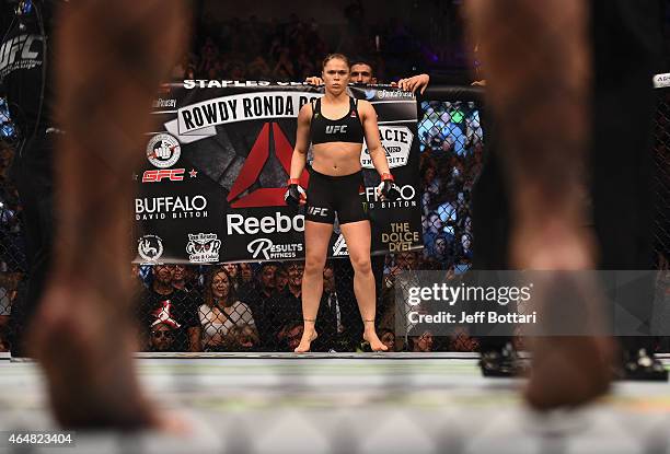 Ronda Rousey enters the Octagon in her UFC women's bantamweight championship bout against Cat Zingano during the UFC 184 event at Staples Center on...