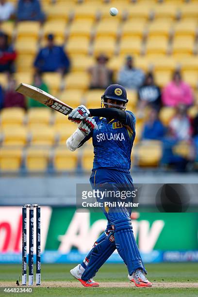 Lahiru Thirimanne of Sri Lanka bats during the 2015 ICC Cricket World Cup match between England and Sri Lanka at Wellington Regional Stadium on March...