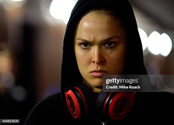 Ronda Rousey prepares to enter the Octagon in her UFC women's bantamweight championship bout against Cat Zingano during the UFC 184 event at Staples...