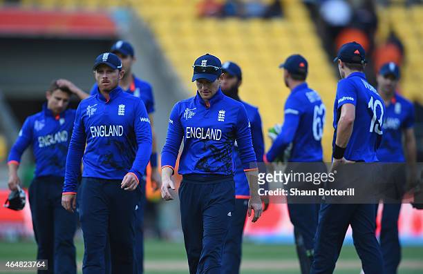 England captain Eoin Morgan leads his team off at the end of the 2015 ICC Cricket World Cup match between England and Sri Lanka at Wellington...