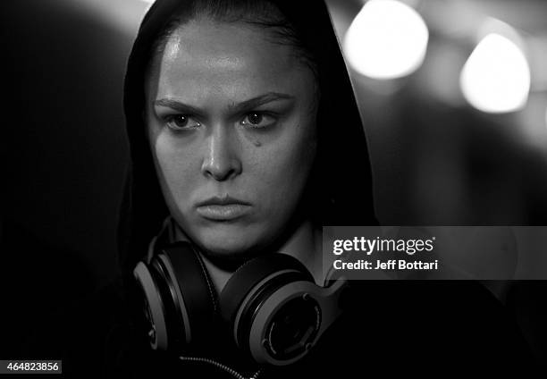 Ronda Rousey prepares to enter the Octagon in her UFC women's bantamweight championship bout against Cat Zingano during the UFC 184 event at Staples...