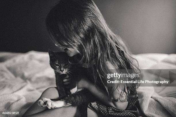 child and her kitten - black and white cat stock pictures, royalty-free photos & images