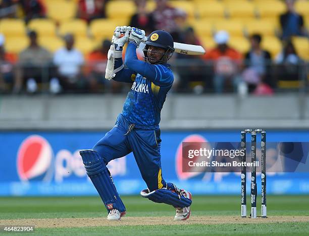 Kumar Sangakkara of Sri Lanka plays a shot during the 2015 ICC Cricket World Cup match between England and Sri Lanka at Wellington Regional Stadium...