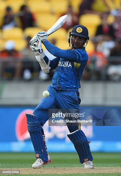 Kumar Sangakkara of Sri Lanka plays a shot during the 2015 ICC Cricket World Cup match between England and Sri Lanka at Wellington Regional Stadium...