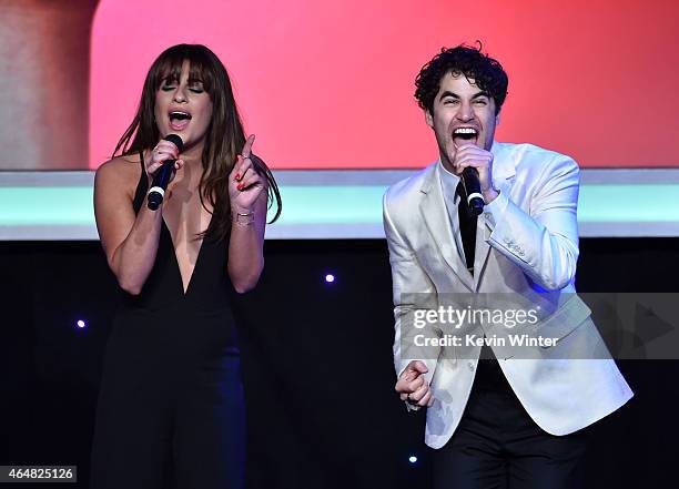 Honorees Lea Michele and Darren Criss perform onstage during the Family Equality Council's 2015 Los Angeles Awards dinner at The Beverly Hilton Hotel...