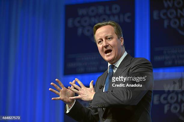 David Cameron, Prime Minister of the United Kingdom addresses the participants during the Annual Meeting 2014 of the World Economic Forum at the...