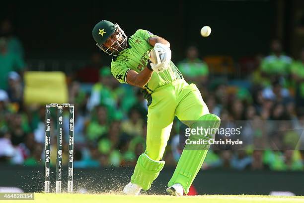 Wahab Riaz of Pakistan bats during the 2015 ICC Cricket World Cup match between Pakistan and Zimbabwe at The Gabba on March 1, 2015 in Brisbane,...