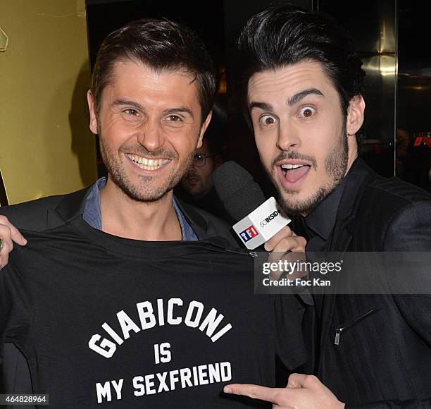 Christophe Beaugrand and Baptiste Giabiconi attend the 'Baptiste Giabiconi Style.com' Launch Party at VIP Room Theater Paris on February 28, 2015 in...