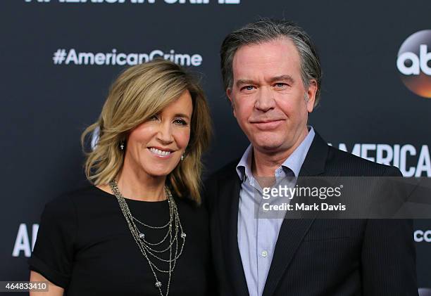 Actress Felicity Huffman and actor Timothy Hutton attend the premiere of ABC's 'American Crime' held at the Ace Hotel on February 28, 2015 in Los...