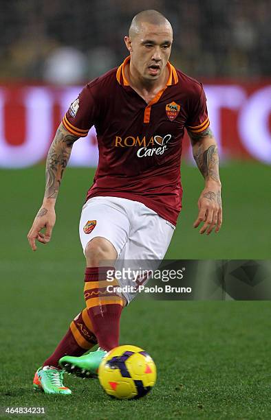 Radja Naingollan of AS Roma in action during the TIM Cup match between AS Roma and Juventus FC at Olimpico Stadium on January 21, 2014 in Rome, Italy.