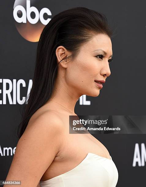 Actress Gwendoline Yeo arrives at the "American Crime" premiere event at the Ace Hotel on February 28, 2015 in Los Angeles, California.