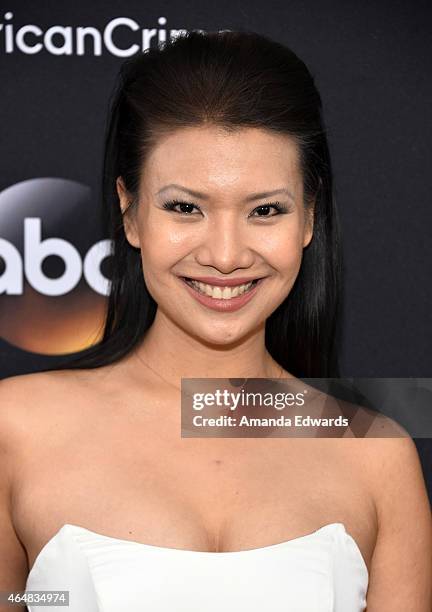 Actress Gwendoline Yeo arrives at the "American Crime" premiere event at the Ace Hotel on February 28, 2015 in Los Angeles, California.