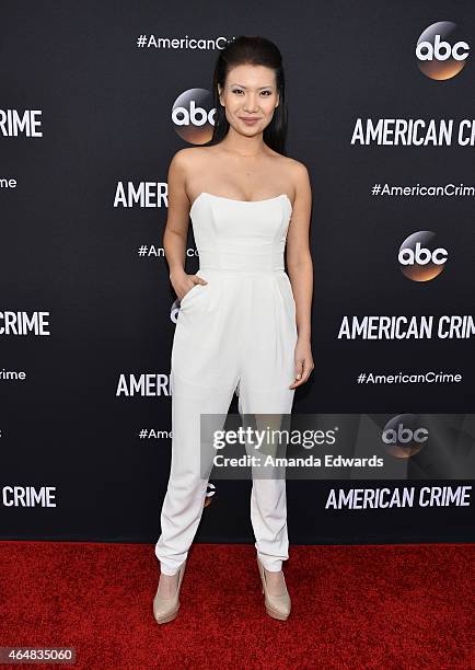 Actress Gwendoline Yeo arrives at the "American Crime" premiere event at the Ace Hotel on February 28, 2015 in Los Angeles, California.