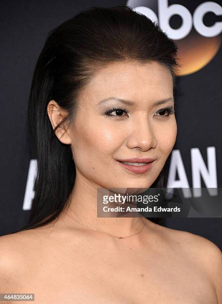 Actress Gwendoline Yeo arrives at the "American Crime" premiere event at the Ace Hotel on February 28, 2015 in Los Angeles, California.