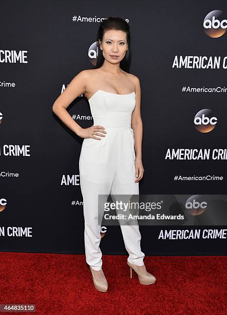 Actress Gwendoline Yeo arrives at the "American Crime" premiere event at the Ace Hotel on February 28, 2015 in Los Angeles, California.