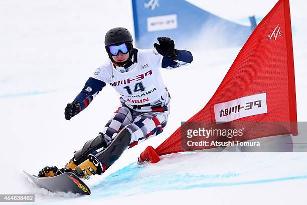 Andrey Sobolev of Russia competes in the Men's Parallel Slalom on the day two during FIS Snowboard World Cup - Alpine Snowboard on March 1, 2015 in...