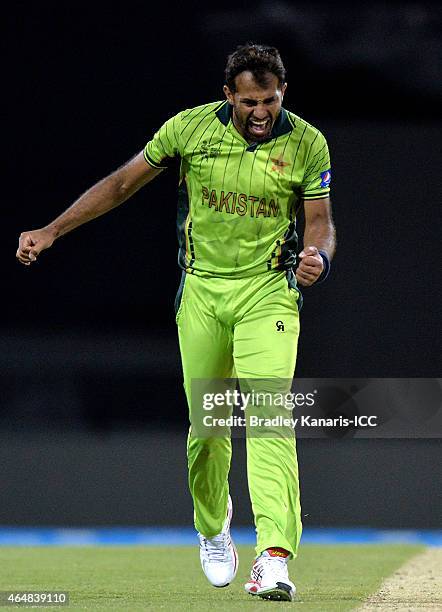 Wahab Riaz of Pakistan celebrates after taking the wicket of Brendan Taylor of Zimbabwe during the 2015 ICC Cricket World Cup match between Pakistan...