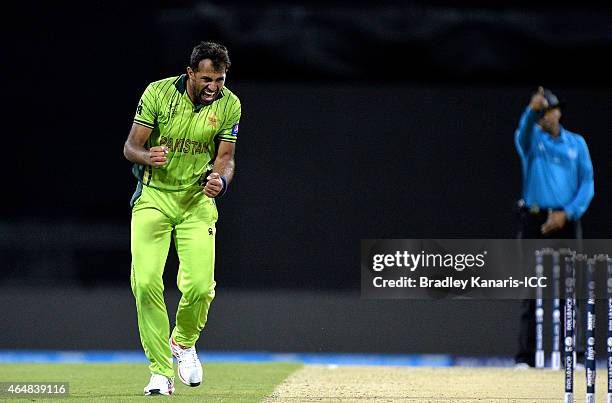 Wahab Riaz of Pakistan celebrates after taking the wicket of Brendan Taylor of Zimbabwe during the 2015 ICC Cricket World Cup match between Pakistan...