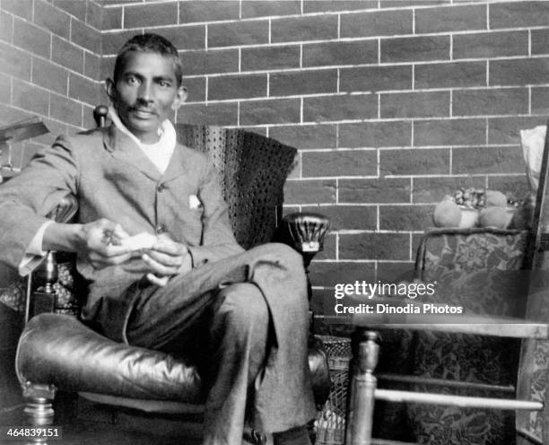 Indian lawyer, activist and statesman Mohandas Karamchand Gandhi recuperating after being severely beaten on 10th February as he was making his way...