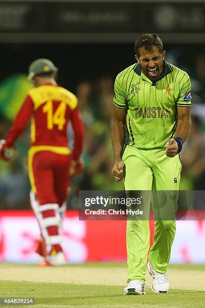 Wahab Riaz of Pakistan celebrates after taking the wicket of Brendan Taylor of Zimbabwe during the 2015 ICC Cricket World Cup match between Pakistan...