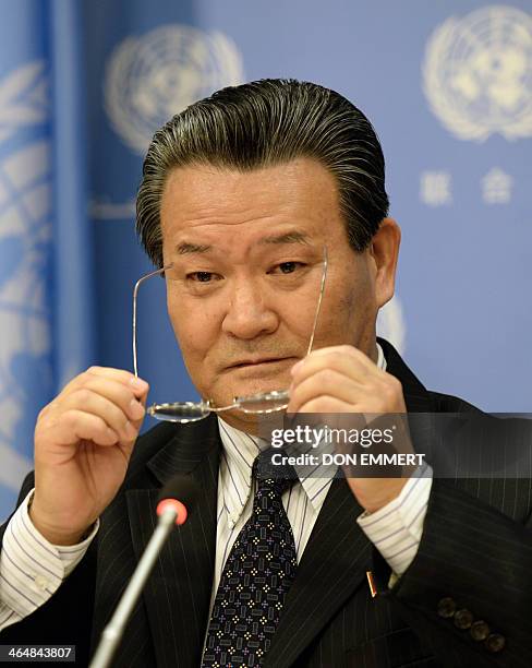 North Korea Ambassador to the United Nations Sin Son-ho makes a statement to the media January 24, 2014 during a news conference at the United...