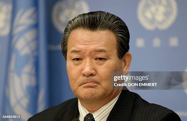 North Korea Ambassador to the United Nations Sin Son-ho makes a statement to the media January 24, 2014 during a news conference at the United...