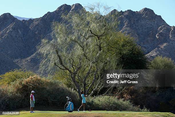 Holly Sonders hits a tee shot on the 17th hole on the Jack Nicklaus Private Course at PGA West during the second round of the Humana Challenge in...