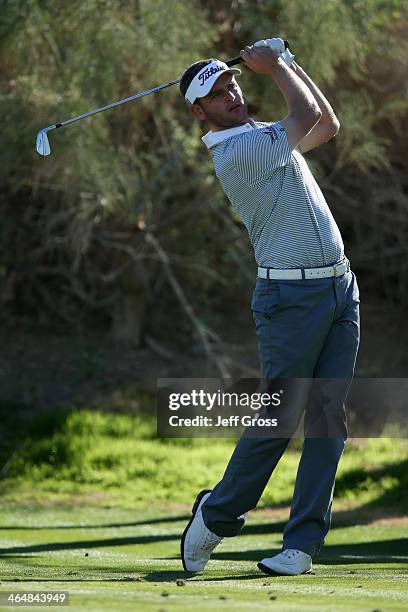 John Merrick hits a tee shot on the 17t hole on the Jack Nicklaus Private Course at PGA West during the second round of the Humana Challenge in...