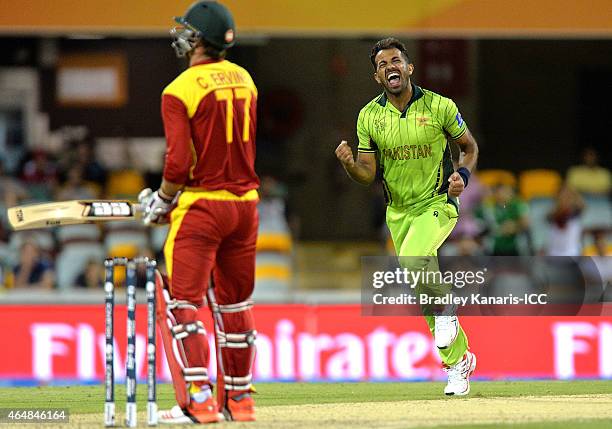 Wahab Riaz of Pakistan celebrates after taking the wicket of Craig Ervine of Zimbabwe during the 2015 ICC Cricket World Cup match between Pakistan...