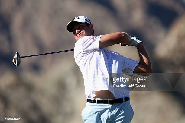 Harris English hits a tee shot on the fifth hole of the Jack Nicklaus Private Course at PGA West during the second round of the Humana Challenge in...