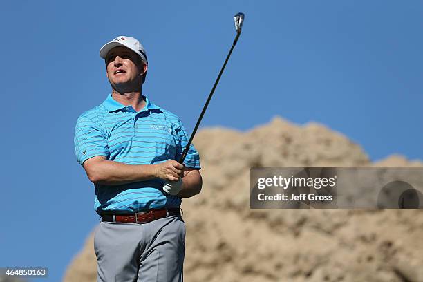 David Toms hits a tee shot on the 3rd hole on the Jack Nicklaus Private Course at PGA West during the second round of the Humana Challenge in...