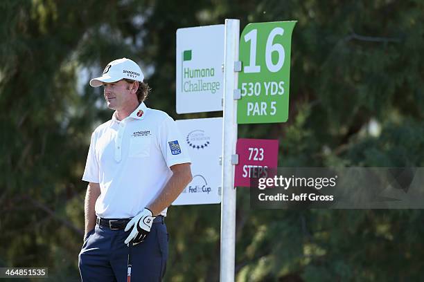 Brandt Snedeker looks on from the 16th tee on the Jack Nicklaus Private Course at PGA West during the second round of the Humana Challenge in...