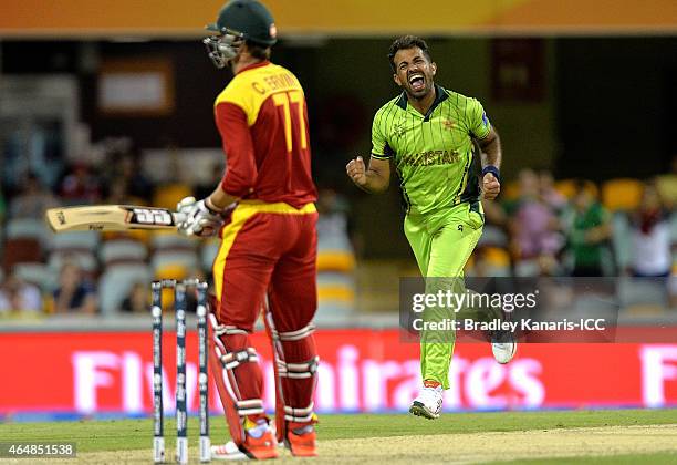 Wahab Riaz of Pakistan celebrates after taking the wicket of Craig Ervine of Zimbabwe during the 2015 ICC Cricket World Cup match between Pakistan...