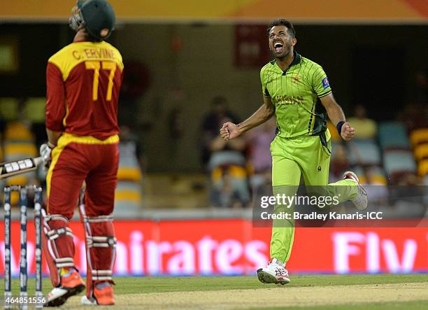 Wahab Riaz of Pakistan celebrates after taking the wicket of Craig Ervine of Zimbabwe during the 2015 ICC Cricket World Cup match between Pakistan...