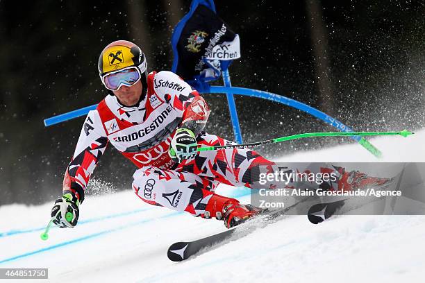 Marcel Hirscher of Austria competes during the Audi FIS Alpine Ski World Cup Men's Giant Slalom on March 01, 2015 in Garmisch-Partenkirchen, Germany.