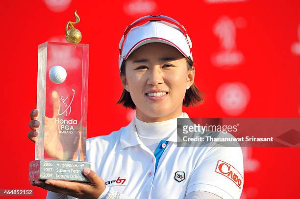 Amy Yang of South Korea celebrates winning the Honda LPGA title during day four of the 2015 LPGA Thailand at Siam Country Club on March 1, 2015 in...