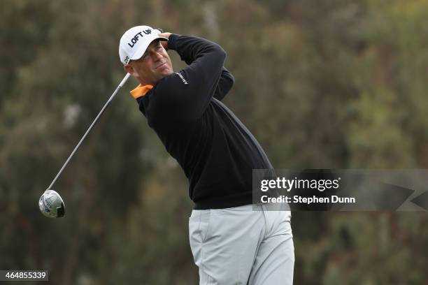 Stewart Cink tees off on the 12th hole during the second round of the Farmers Insurance Open on Torrey Pines South on January 24, 2014 in La Jolla,...