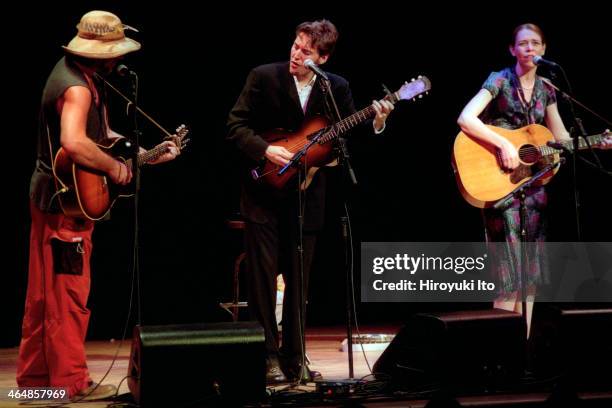 Gillian Welch and David Rawlings performing at Town Hall on Thursday night, August 2, 2001.This image:From left, Greg Brown, David Rawlings and...