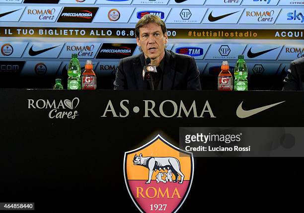 Roma coach Rudi Garcia attends a press confererence at Centro Sportivo Fulvio Bernardini on March 1, 2015 in Rome, Italy.