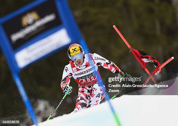 Marcel Hirscher of Austria takes 1st place during the Audi FIS Alpine Ski World Cup Men's Giant Slalom on March 01, 2015 in Garmisch-Partenkirchen,...