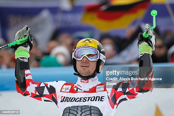 Marcel Hirscher of Austria takes 1st place during the Audi FIS Alpine Ski World Cup Men's Giant Slalom on March 01, 2015 in Garmisch-Partenkirchen,...