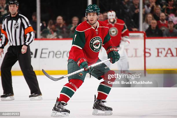 Jonathan Blum of the Minnesota Wild skates against the Colorado Avalanche during the game on January 11, 2014 at the Xcel Energy Center in St. Paul,...