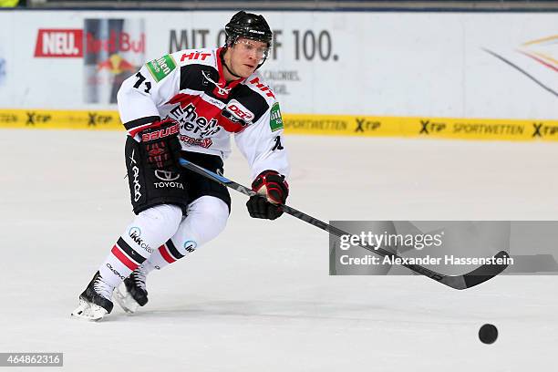 Andreas Falk of Koeln during the DEL Ice Hockey match between EHC Red Bull Muenchen and Koelner Haie at Olympia Eishalle on March 1, 2015 in Munich,...